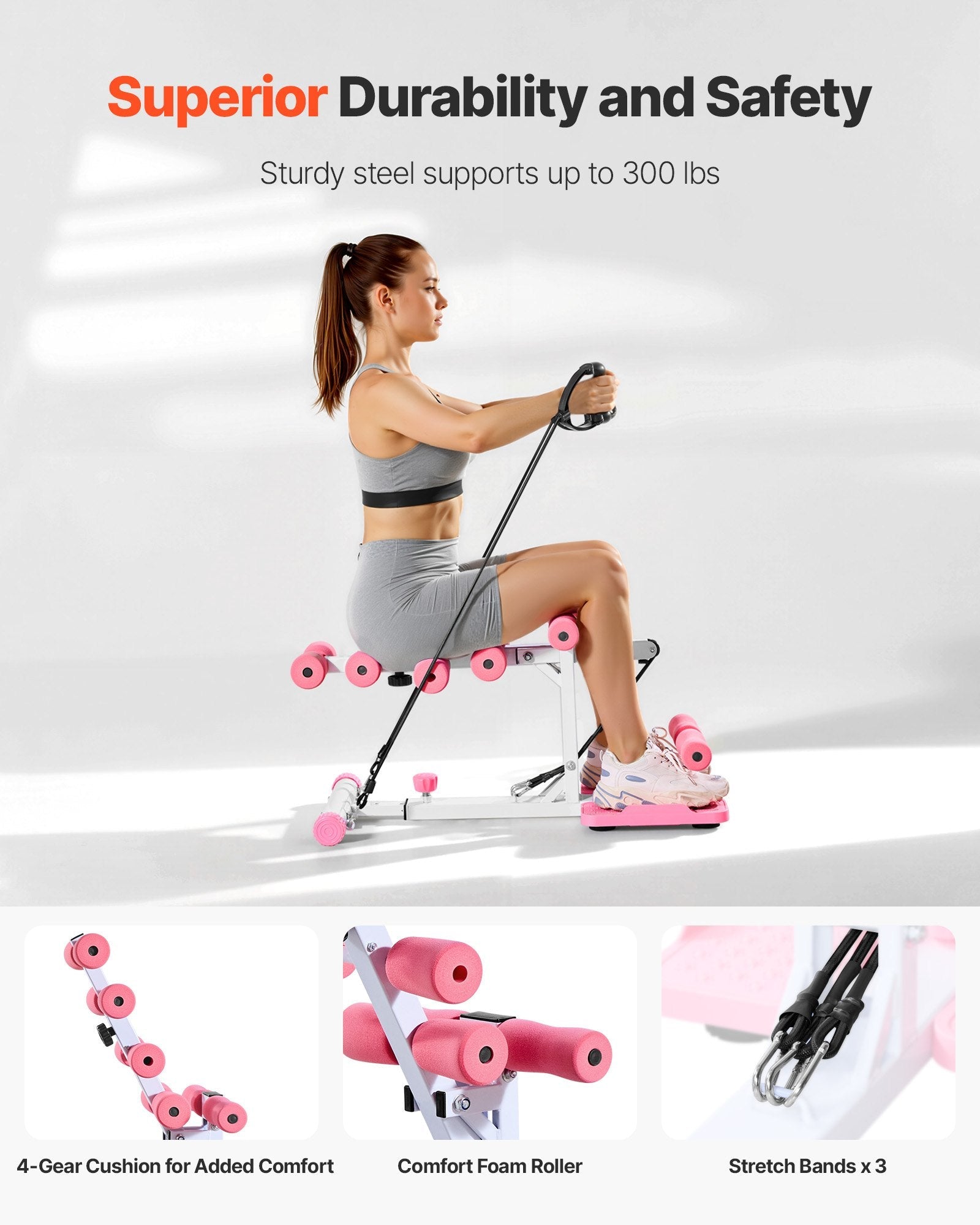 Deep Squat Machine, Adjustable Glutes Trainer Machine With 3 High - Strength Resistance Bands, Folding Core Leg & Glutes Exercise Trainer, Push Up Workout Equipment At Home Gym, Pink + White - FitForge