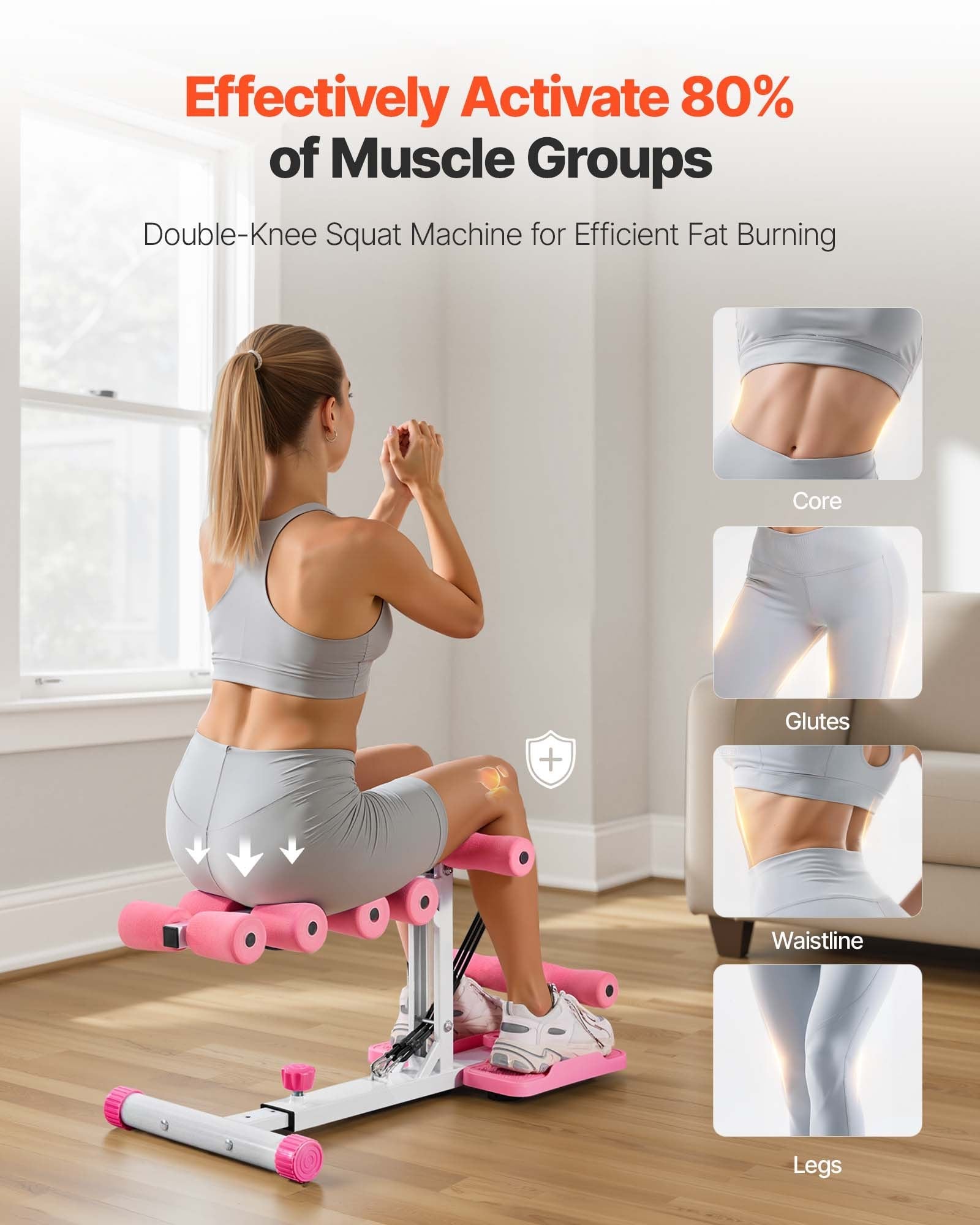 Deep Squat Machine, Adjustable Glutes Trainer Machine With 3 High - Strength Resistance Bands, Folding Core Leg & Glutes Exercise Trainer, Push Up Workout Equipment At Home Gym, Pink + White - FitForge