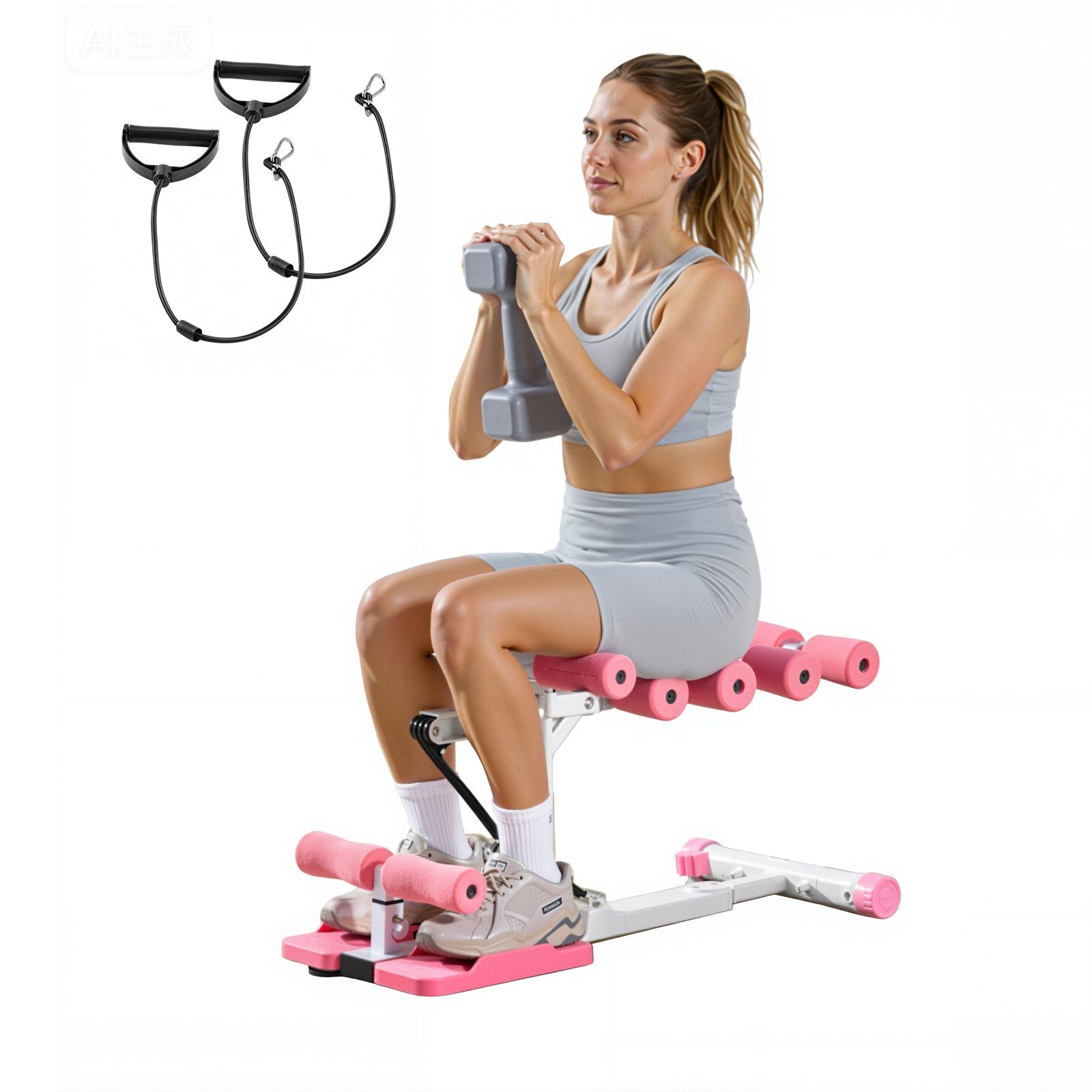Deep Squat Machine, Adjustable Glutes Trainer Machine With 3 High - Strength Resistance Bands, Folding Core Leg & Glutes Exercise Trainer, Push Up Workout Equipment At Home Gym, Pink + White - FitForge